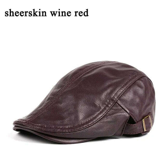 KIMLUD, Hats Men Genuine Leather Beret Male Thin Hats 55-61 cm Adjustable Forward Cap Leisure Duckbill Casquette Golf The Driver, sheepskin wine red / L 55 56cm, KIMLUD Womens Clothes