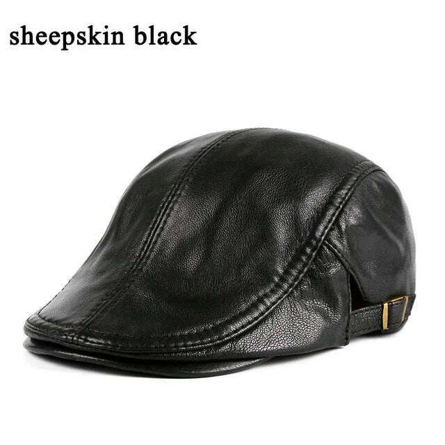 KIMLUD, Hats Men Genuine Leather Beret Male Thin Hats 55-61 cm Adjustable Forward Cap Leisure Duckbill Casquette Golf The Driver, sheepskin black / L 55 56cm, KIMLUD Womens Clothes