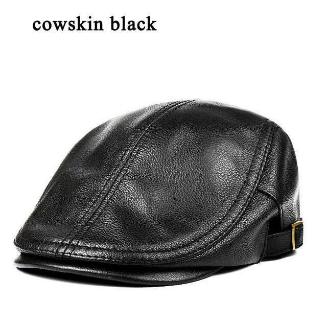 KIMLUD, Hats Men Genuine Leather Beret Male Thin Hats 55-61 cm Adjustable Forward Cap Leisure Duckbill Casquette Golf The Driver, cowskin black / L 55 56cm, KIMLUD Womens Clothes