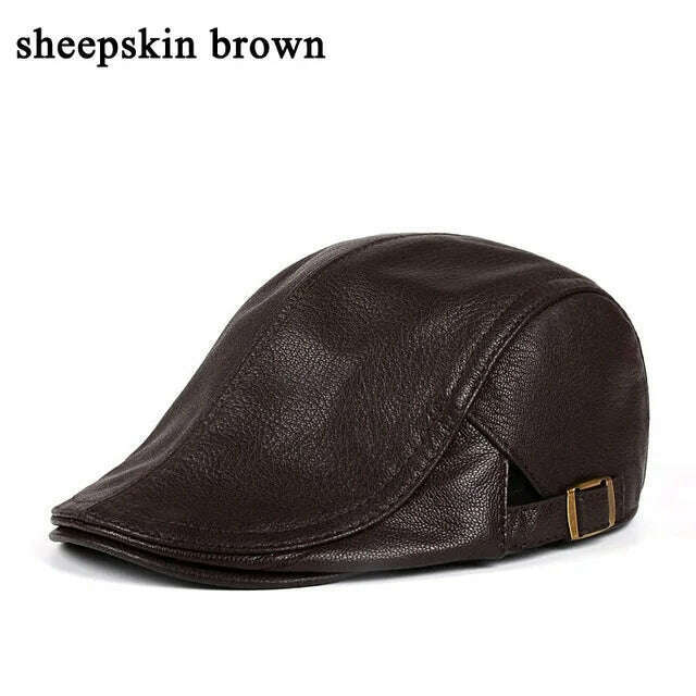 KIMLUD, Hats Men Genuine Leather Beret Male Thin Hats 55-61 cm Adjustable Forward Cap Leisure Duckbill Casquette Golf The Driver, sheepskin brown / L 55 56cm, KIMLUD Womens Clothes