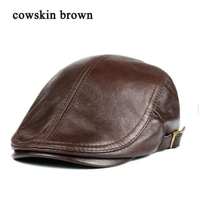 KIMLUD, Hats Men Genuine Leather Beret Male Thin Hats 55-61 cm Adjustable Forward Cap Leisure Duckbill Casquette Golf The Driver, cowskin brown / L 55 56cm, KIMLUD Womens Clothes