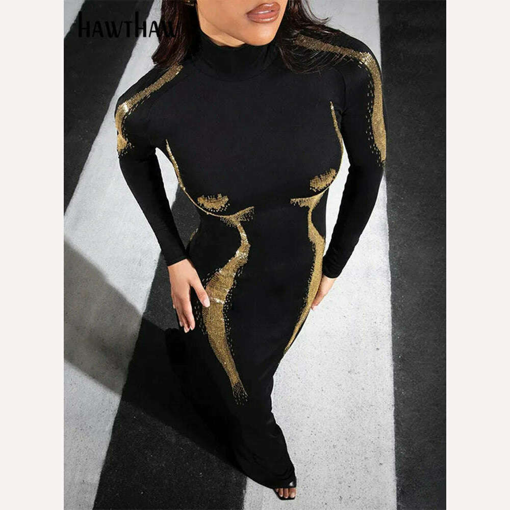 KIMLUD, Hawthaw Women 2023 Autumn Winter Fashion Long Sleeve Party Club Streetwear Bodycon Black Long Dress Wholesale Items For Business, KIMLUD Womens Clothes