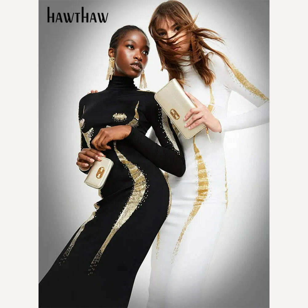 KIMLUD, Hawthaw Women 2023 Autumn Winter Fashion Long Sleeve Party Club Streetwear Bodycon Black Long Dress Wholesale Items For Business, KIMLUD Women's Clothes