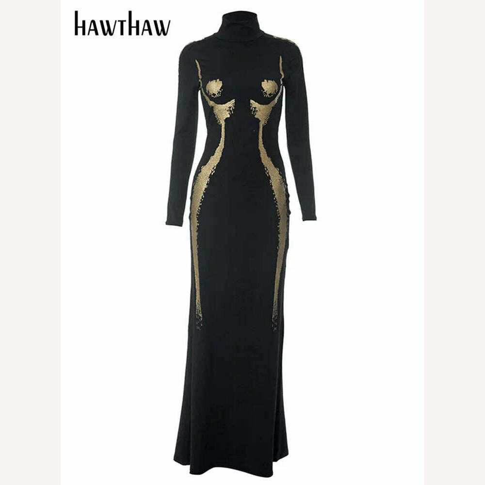 Hawthaw Women 2023 Autumn Winter Fashion Long Sleeve Party Club Streetwear Bodycon Black Long Dress Wholesale Items For Business, KIMLUD Women's Clothes