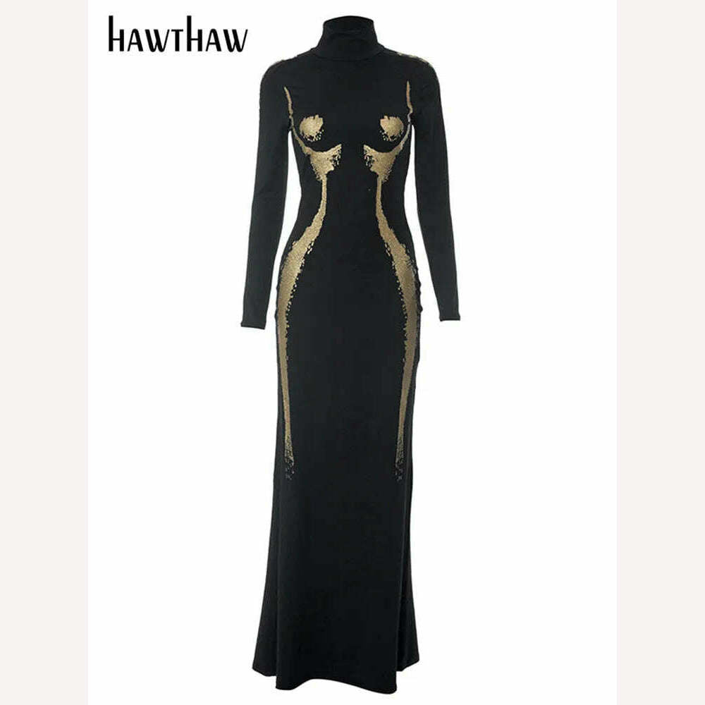 KIMLUD, Hawthaw Women 2023 Autumn Winter Fashion Long Sleeve Party Club Streetwear Bodycon Black Long Dress Wholesale Items For Business, KIMLUD Womens Clothes