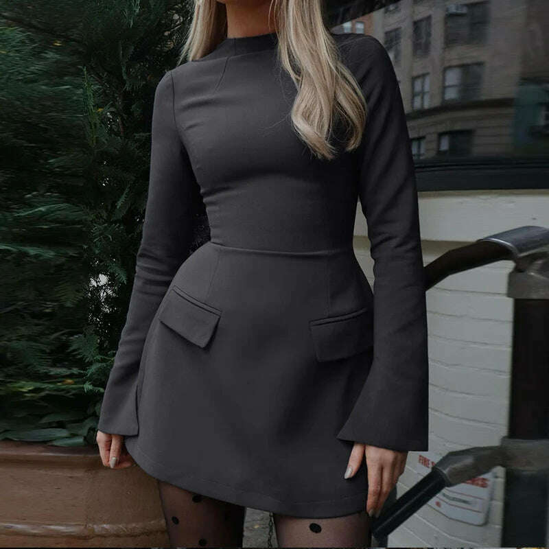 KIMLUD, Hawthaw Women 2024 Spring Autumn Elegant Long Sleeve Streetwear Bodycon Short Mini Dress Wholesale Items For Business, Dark Grey / S, KIMLUD Women's Clothes