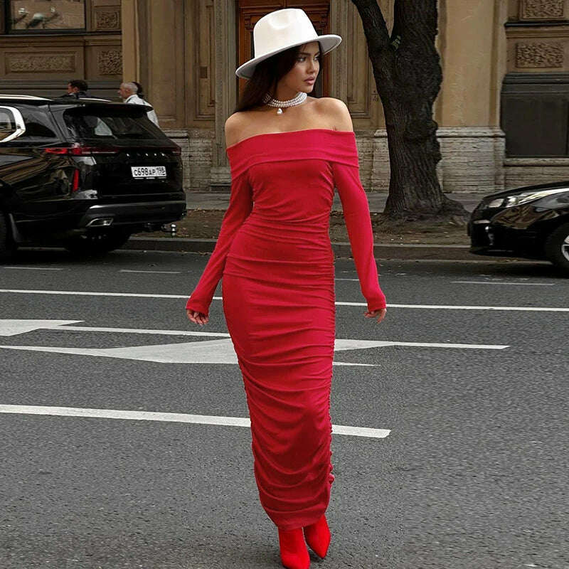 KIMLUD, Hawthaw Women 2024 Spring Autumn Fashion Long Sleeve Party Club Streetwear Bodycon Red Long Dress Wholesale Items For Business, Red / S, KIMLUD Womens Clothes