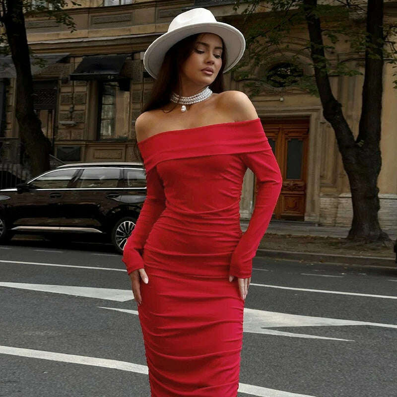 KIMLUD, Hawthaw Women 2024 Spring Autumn Fashion Long Sleeve Party Club Streetwear Bodycon Red Long Dress Wholesale Items For Business, KIMLUD Women's Clothes