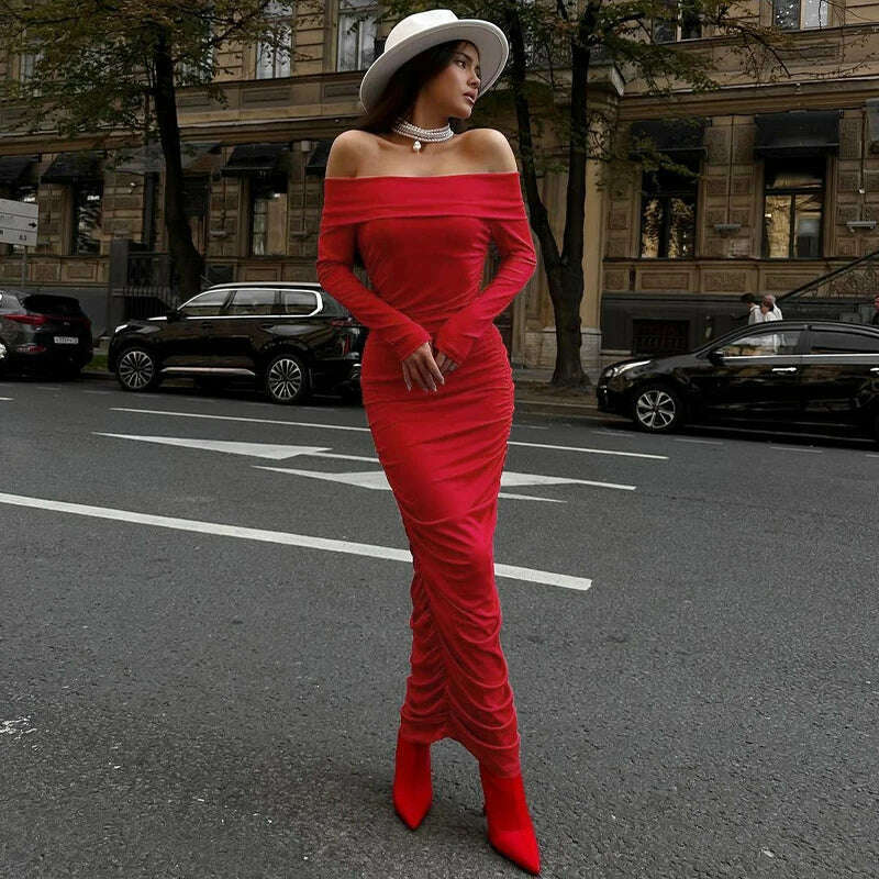 KIMLUD, Hawthaw Women 2024 Spring Autumn Fashion Long Sleeve Party Club Streetwear Bodycon Red Long Dress Wholesale Items For Business, KIMLUD Women's Clothes