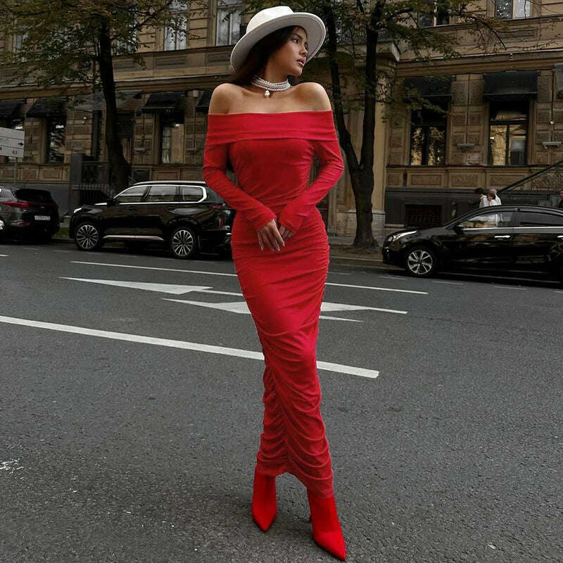 KIMLUD, Hawthaw Women 2024 Spring Autumn Fashion Long Sleeve Party Club Streetwear Bodycon Red Long Dress Wholesale Items For Business, KIMLUD Womens Clothes