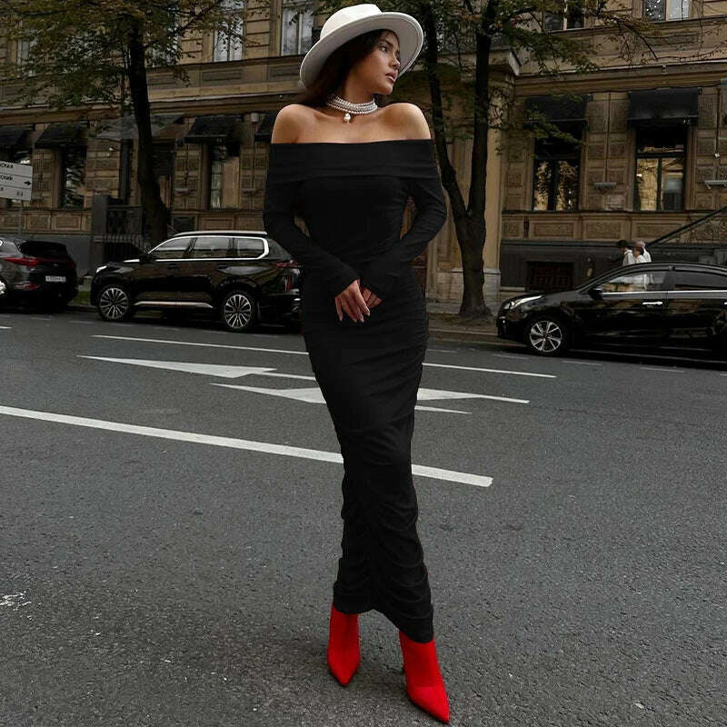 KIMLUD, Hawthaw Women 2024 Spring Autumn Fashion Long Sleeve Party Club Streetwear Bodycon Red Long Dress Wholesale Items For Business, KIMLUD Womens Clothes