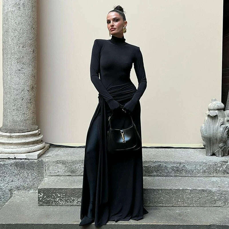 Hawthaw Women 2024 Spring Autumn Long Sleeve Elegant Streetwear Bodycon Black Long Dress Wholesale Items For Business - KIMLUD