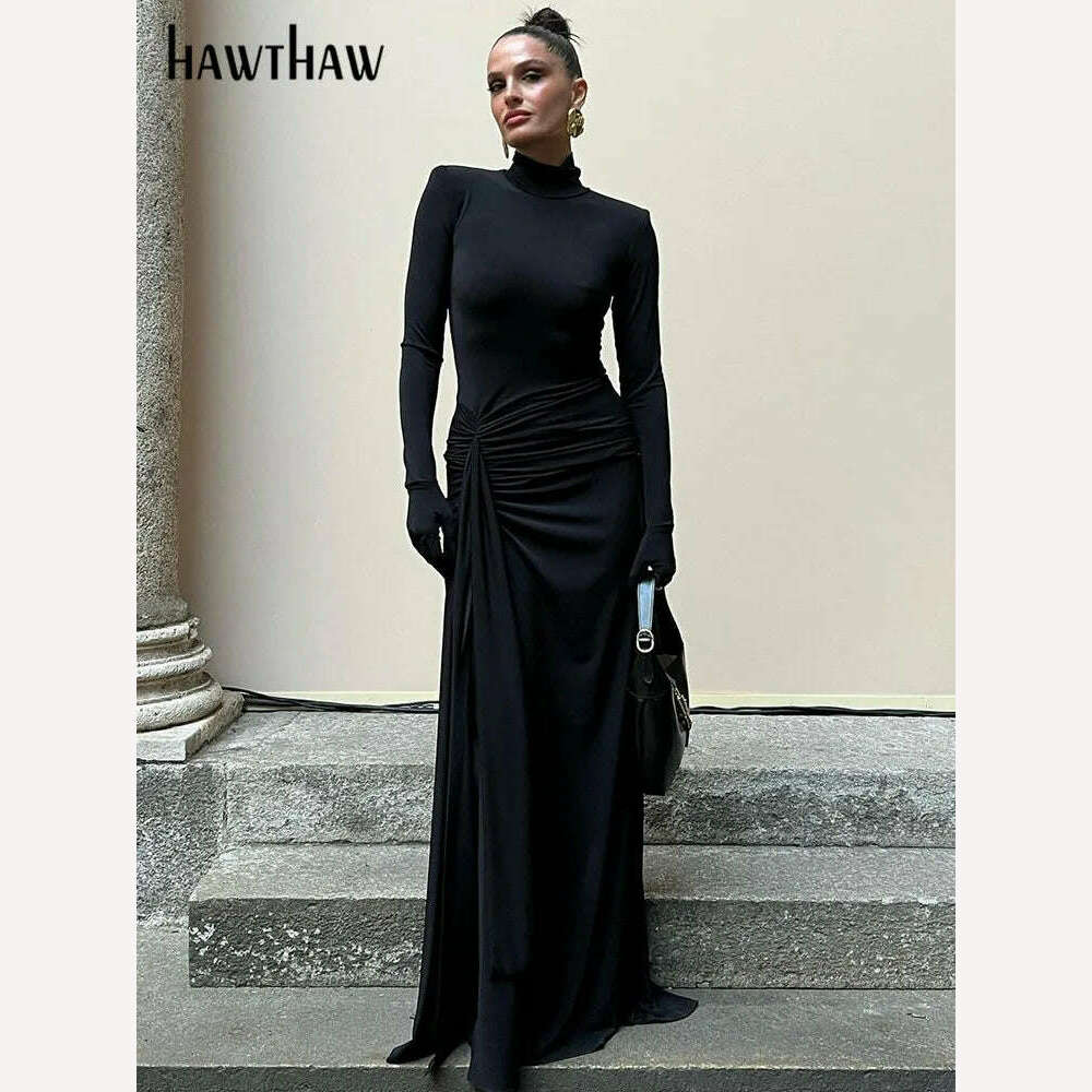 KIMLUD, Hawthaw Women 2024 Spring Autumn Long Sleeve Elegant Streetwear Bodycon Black Long Dress Wholesale Items For Business, KIMLUD Women's Clothes