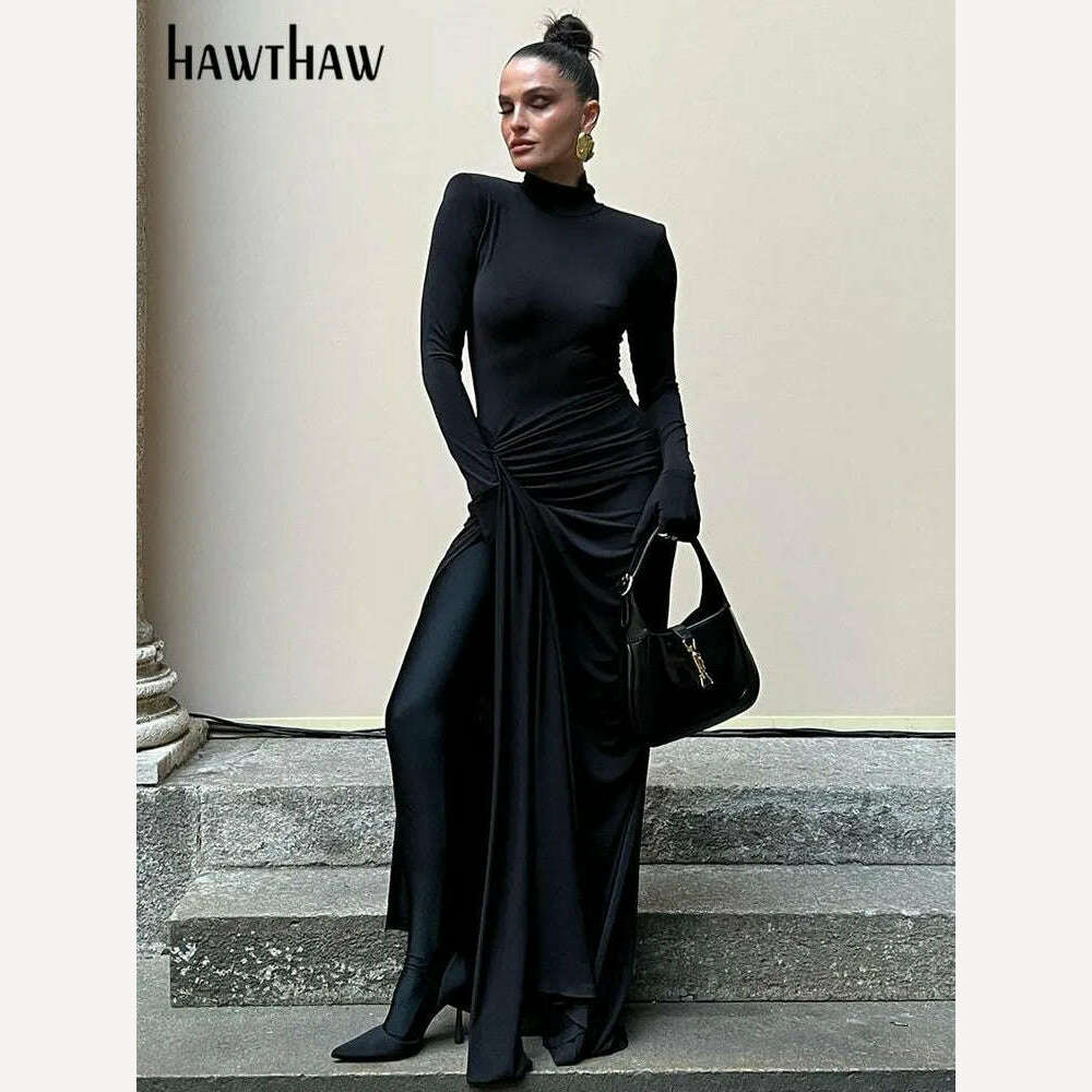 KIMLUD, Hawthaw Women 2024 Spring Autumn Long Sleeve Elegant Streetwear Bodycon Black Long Dress Wholesale Items For Business, KIMLUD Womens Clothes