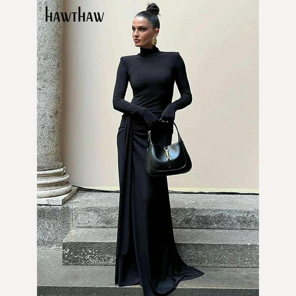 KIMLUD, Hawthaw Women 2024 Spring Autumn Long Sleeve Elegant Streetwear Bodycon Black Long Dress Wholesale Items For Business, KIMLUD Women's Clothes