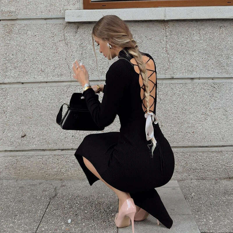 KIMLUD, Hawthaw Women 2024 Spring Autumn Long Sleeve Party Club Streetwear Bodycon Black Long Dress Wholesale Items For Business, KIMLUD Womens Clothes