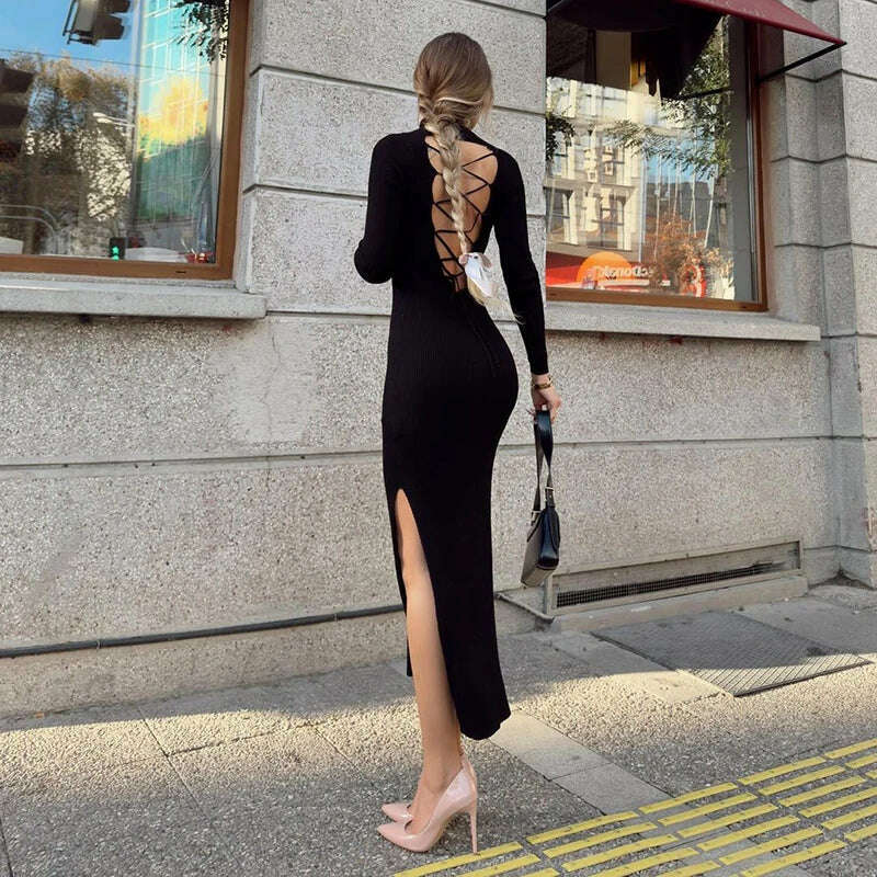 KIMLUD, Hawthaw Women 2024 Spring Autumn Long Sleeve Party Club Streetwear Bodycon Black Long Dress Wholesale Items For Business, KIMLUD Womens Clothes