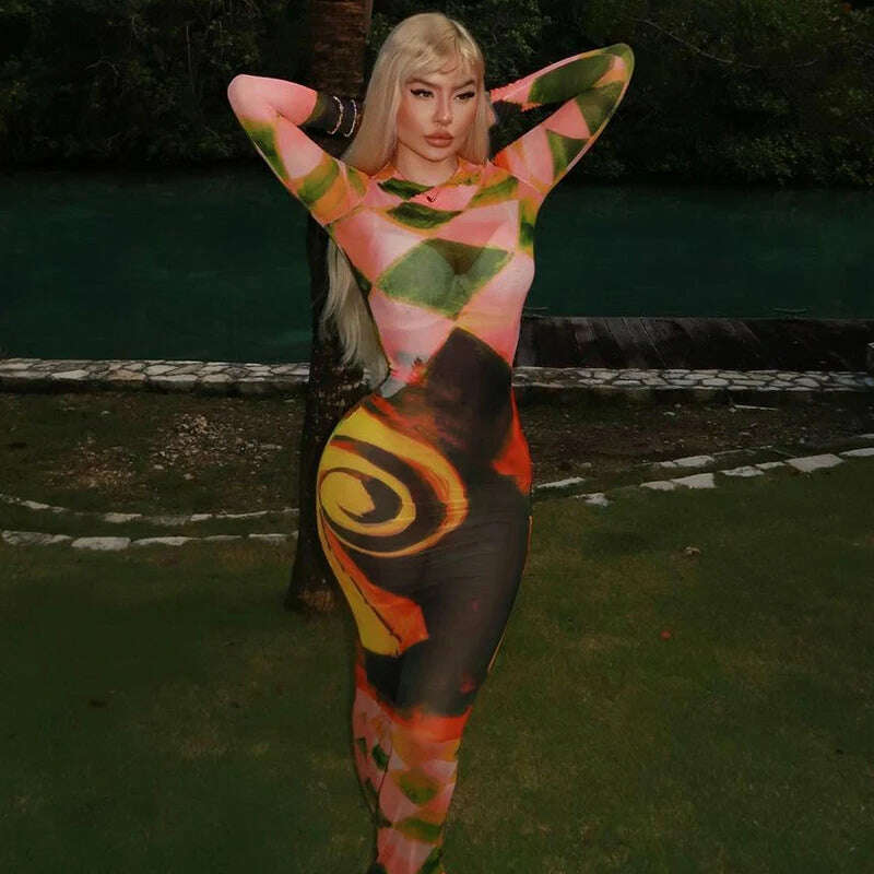 Hawthaw Women Long Sleeve Mesh See Through Bodycon Streetwear Long Dress 2023 Summer Clothes Wholesale Items For Business - KIMLUD