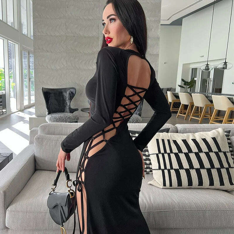 KIMLUD, Hawthaw Women Sexy Long Sleeve Hollow Out Party Club Bodycon Black Split Long Dress 2022 Spring Autumn Clothes Wholesale Items, KIMLUD Women's Clothes