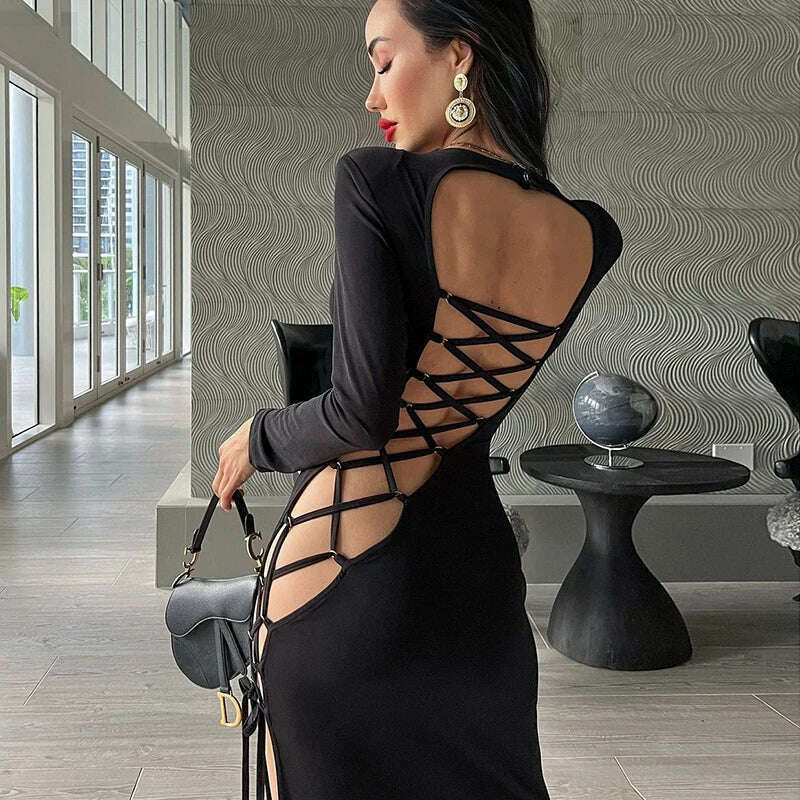 KIMLUD, Hawthaw Women Sexy Long Sleeve Hollow Out Party Club Bodycon Black Split Long Dress 2022 Spring Autumn Clothes Wholesale Items, KIMLUD Women's Clothes