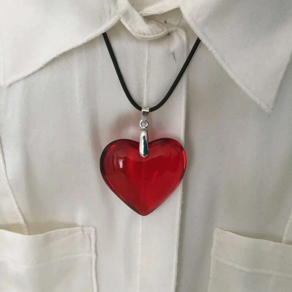 Heart Crystal Pendant Korean Red Heart Necklace Bright red Crystal Heart Charm Necklace Black Leather Rope 18 Inch Long Jewelry - KIMLUD