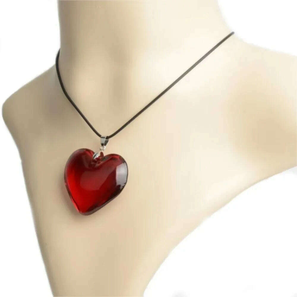 Heart Crystal Pendant Korean Red Heart Necklace Bright red Crystal Heart Charm Necklace Black Leather Rope 18 Inch Long Jewelry - KIMLUD