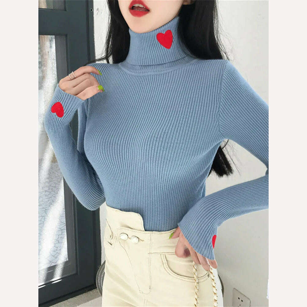KIMLUD, Heart Embroidery Turtleneck Knitted Women Sweaters Ribbed Pullovers Autumn Winter Basic Sweater Female Soft Warm Tops, Blue / One Size, KIMLUD Womens Clothes