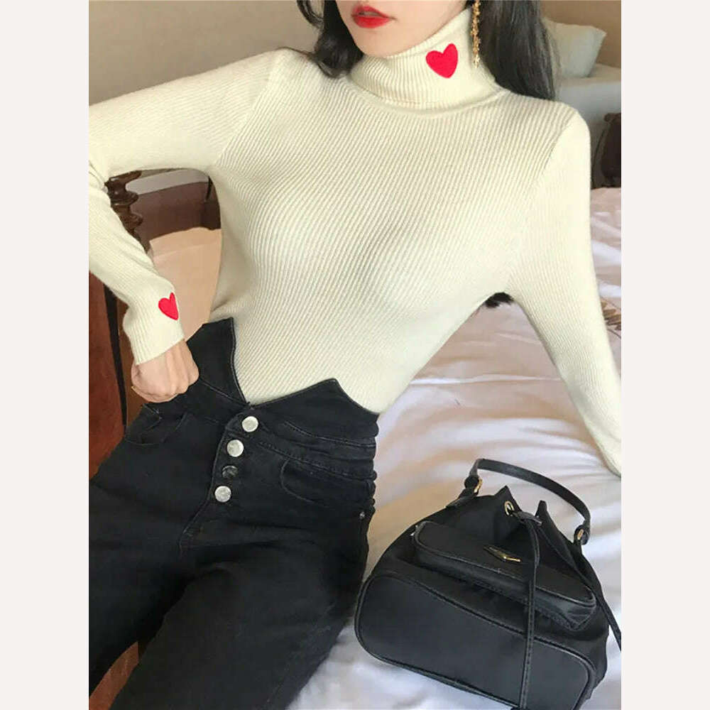 KIMLUD, Heart Embroidery Turtleneck Knitted Women Sweaters Ribbed Pullovers Autumn Winter Basic Sweater Female Soft Warm Tops, Beige / One Size, KIMLUD Womens Clothes