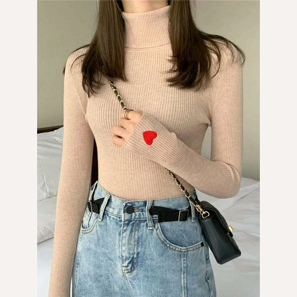 KIMLUD, Heart Embroidery Turtleneck Knitted Women Sweaters Ribbed Pullovers Autumn Winter Basic Sweater Female Soft Warm Tops, KIMLUD Womens Clothes