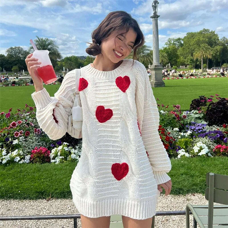 KIMLUD, Heart Pattern Oversize Sweater Woman O-Neck Lantern Sleeve Pullover Sweater Twist Knitted White Jumper Autumn Winter Sweatshirt, KIMLUD Womens Clothes