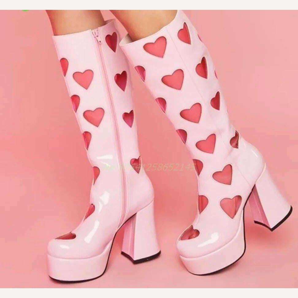 KIMLUD, Heart Platform Sweet Women Boots Splicing Thick Chunky Party Shoes Patent Leather Fashion Catwalk Pink White Mid- Calf New 2023, as picture 2 / 35 / CHINA, KIMLUD Womens Clothes