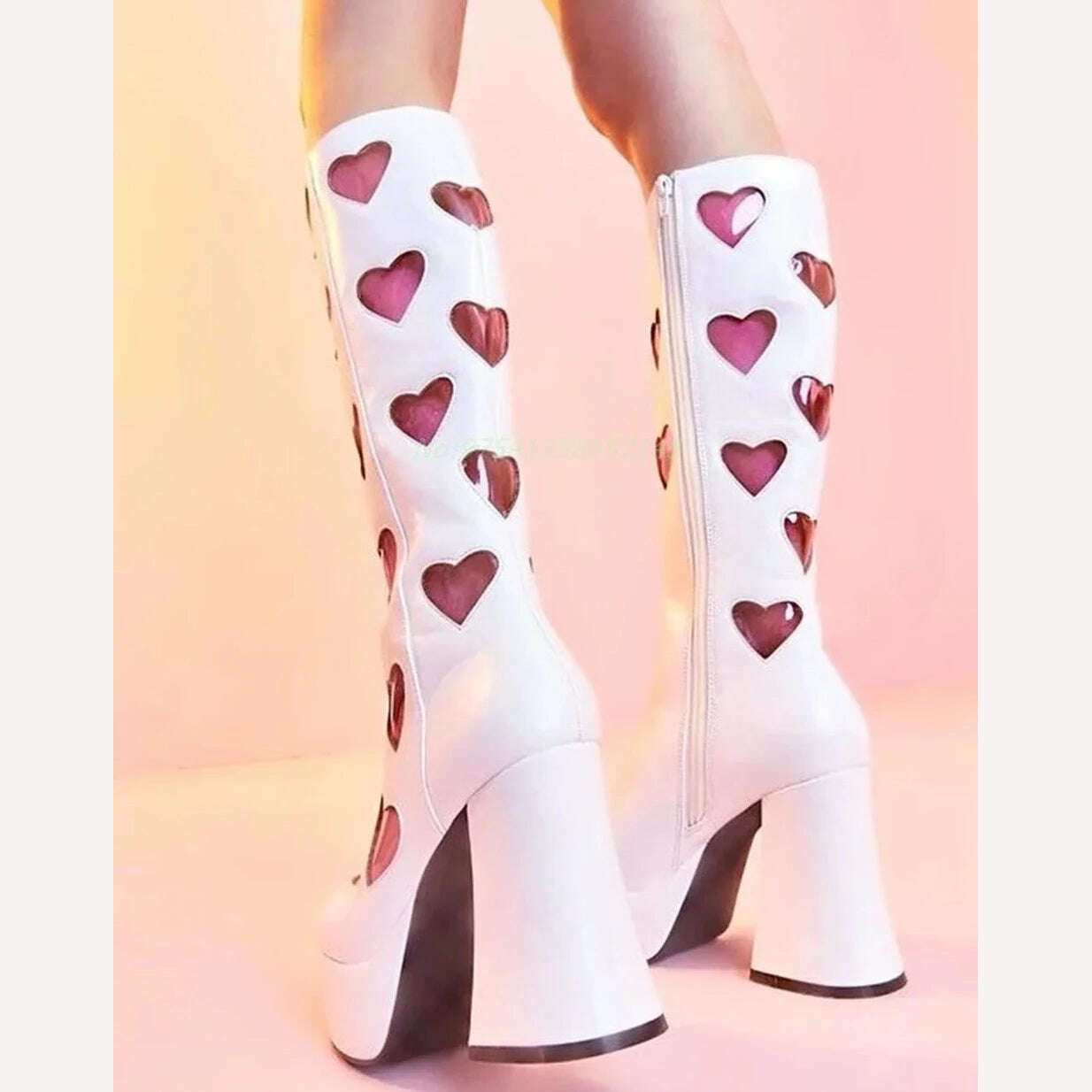 KIMLUD, Heart Platform Sweet Women Boots Splicing Thick Chunky Party Shoes Patent Leather Fashion Catwalk Pink White Mid- Calf New 2023, as picture 1 / 35 / CHINA, KIMLUD APPAREL - Womens Clothes