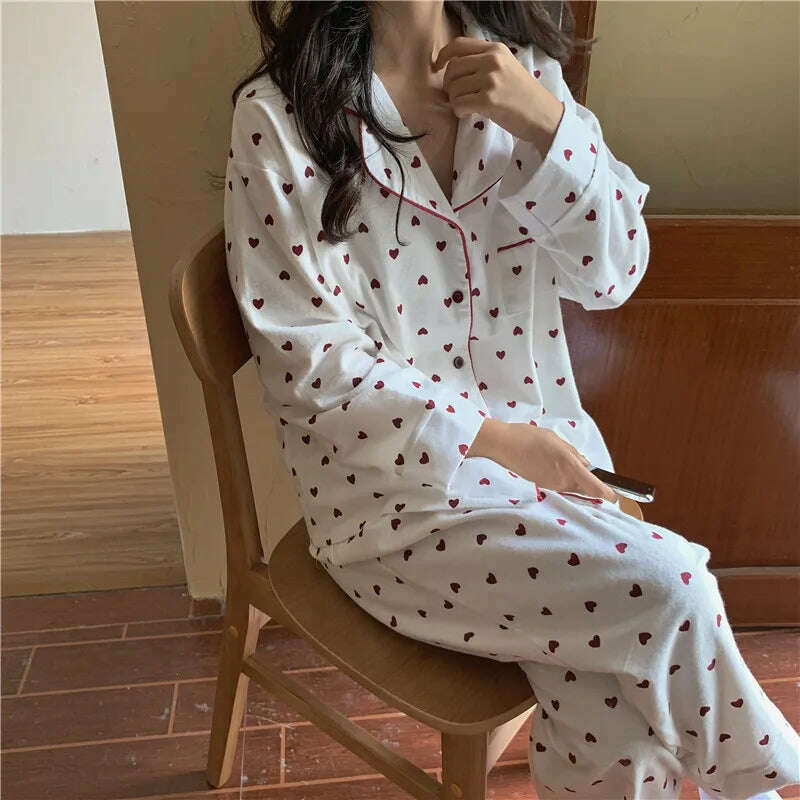 KIMLUD, Heart Print Home Suit Loose Cotton Casual Sleepwear Korean Pajamas Set Trousers Harajuku Home Clothes Kawaii Single Breasted Top, WHITE / L, KIMLUD Womens Clothes