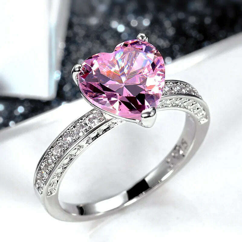 KIMLUD, Heart Shape Zircon Wedding Rings for Women Romantic Pink Engagement Girlfriend Female Metal Finger Ring Jewelry Gift, pink / 6, KIMLUD Women's Clothes