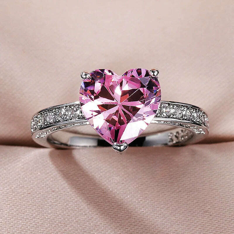 KIMLUD, Heart Shape Zircon Wedding Rings for Women Romantic Pink Engagement Girlfriend Female Metal Finger Ring Jewelry Gift, KIMLUD Women's Clothes