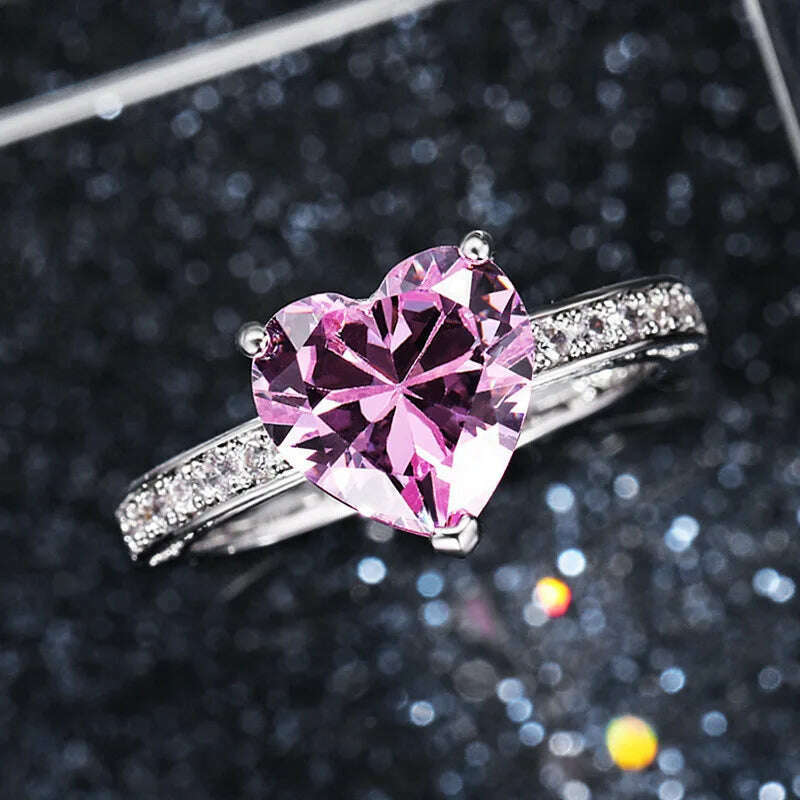 KIMLUD, Heart Shape Zircon Wedding Rings for Women Romantic Pink Engagement Girlfriend Female Metal Finger Ring Jewelry Gift, KIMLUD Womens Clothes