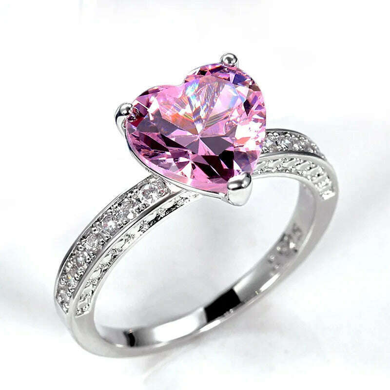 KIMLUD, Heart Shape Zircon Wedding Rings for Women Romantic Pink Engagement Girlfriend Female Metal Finger Ring Jewelry Gift, KIMLUD Women's Clothes