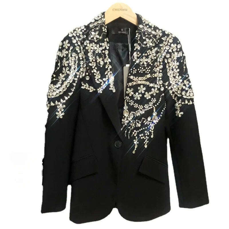 KIMLUD, Heavy Industry Fashion Handmade Beaded Suit Jacket Women2023 Autumn Winter New Light Luxury Starry Rhinestone Black Suit Blazers, KIMLUD Women's Clothes