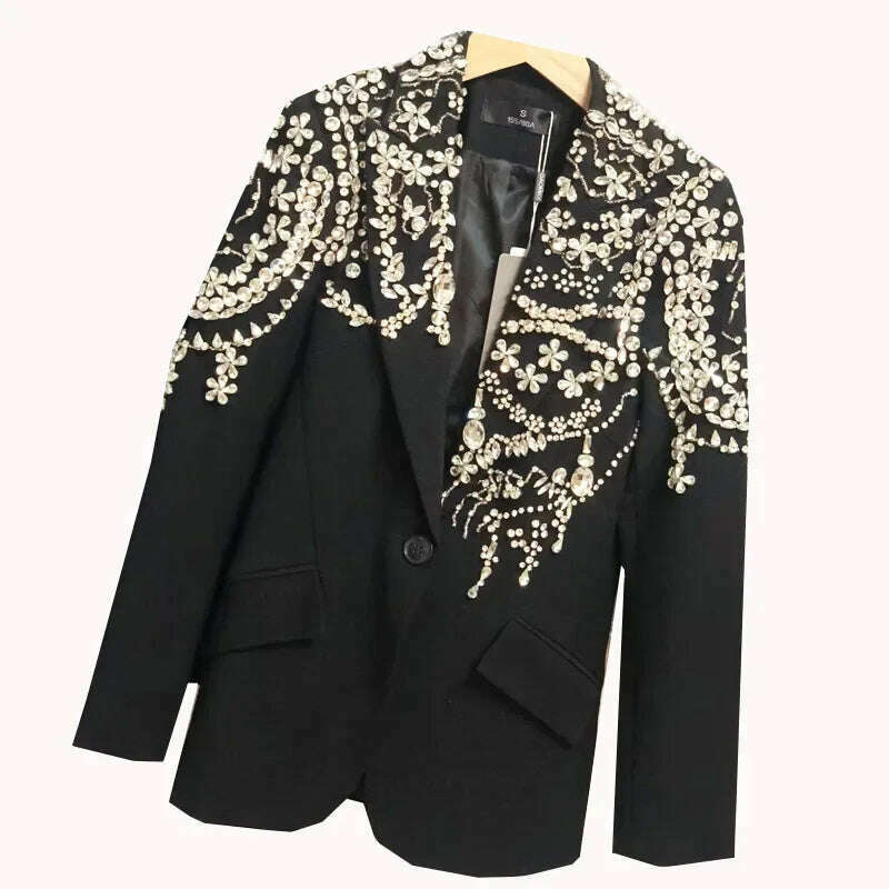 KIMLUD, Heavy Industry Fashion Handmade Beaded Suit Jacket Women2023 Autumn Winter New Light Luxury Starry Rhinestone Black Suit Blazers, KIMLUD Womens Clothes