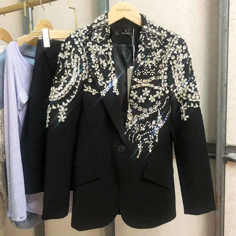 KIMLUD, Heavy Industry Fashion Handmade Beaded Suit Jacket Women2023 Autumn Winter New Light Luxury Starry Rhinestone Black Suit Blazers, black / M, KIMLUD Womens Clothes