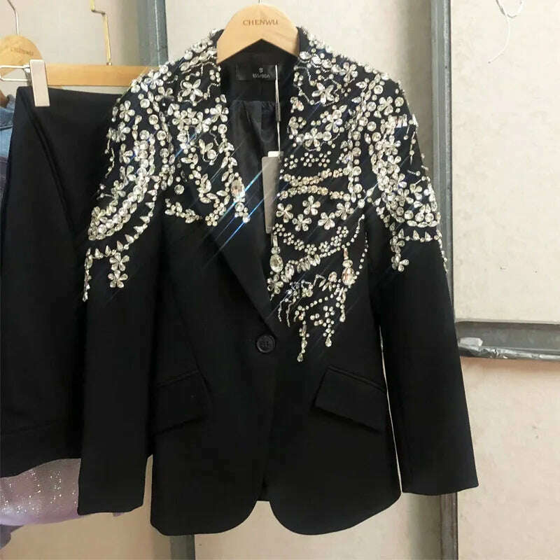 KIMLUD, Heavy Industry Fashion Handmade Beaded Suit Jacket Women2023 Autumn Winter New Light Luxury Starry Rhinestone Black Suit Blazers, KIMLUD Womens Clothes