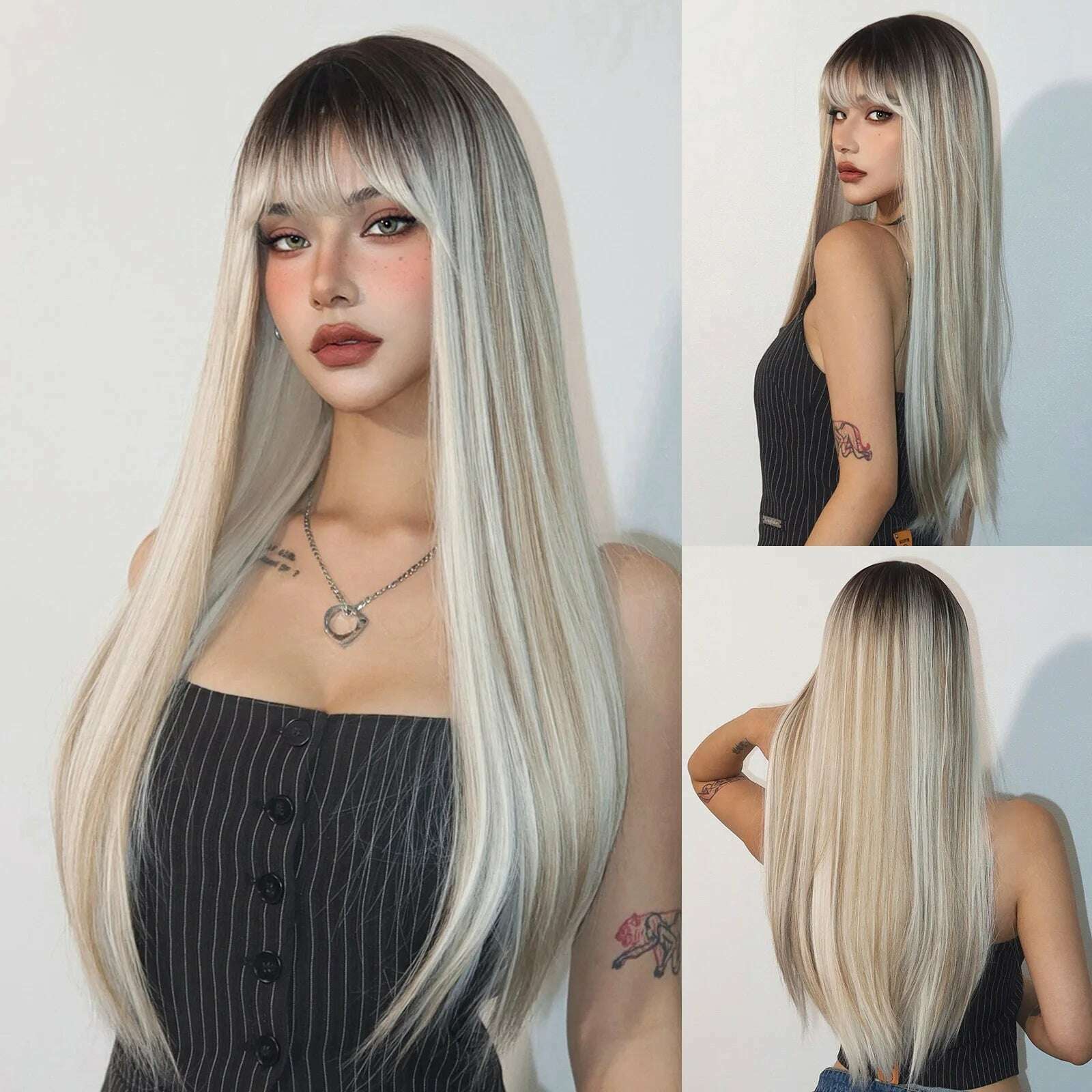 KIMLUD, HENRY MARGU Blonde Platinum Ombre Wig Long Straight Cosplay Wig with Bangs Women Christmas Synthetic Wig High Temperature Fiber, LC1073-1, KIMLUD Womens Clothes