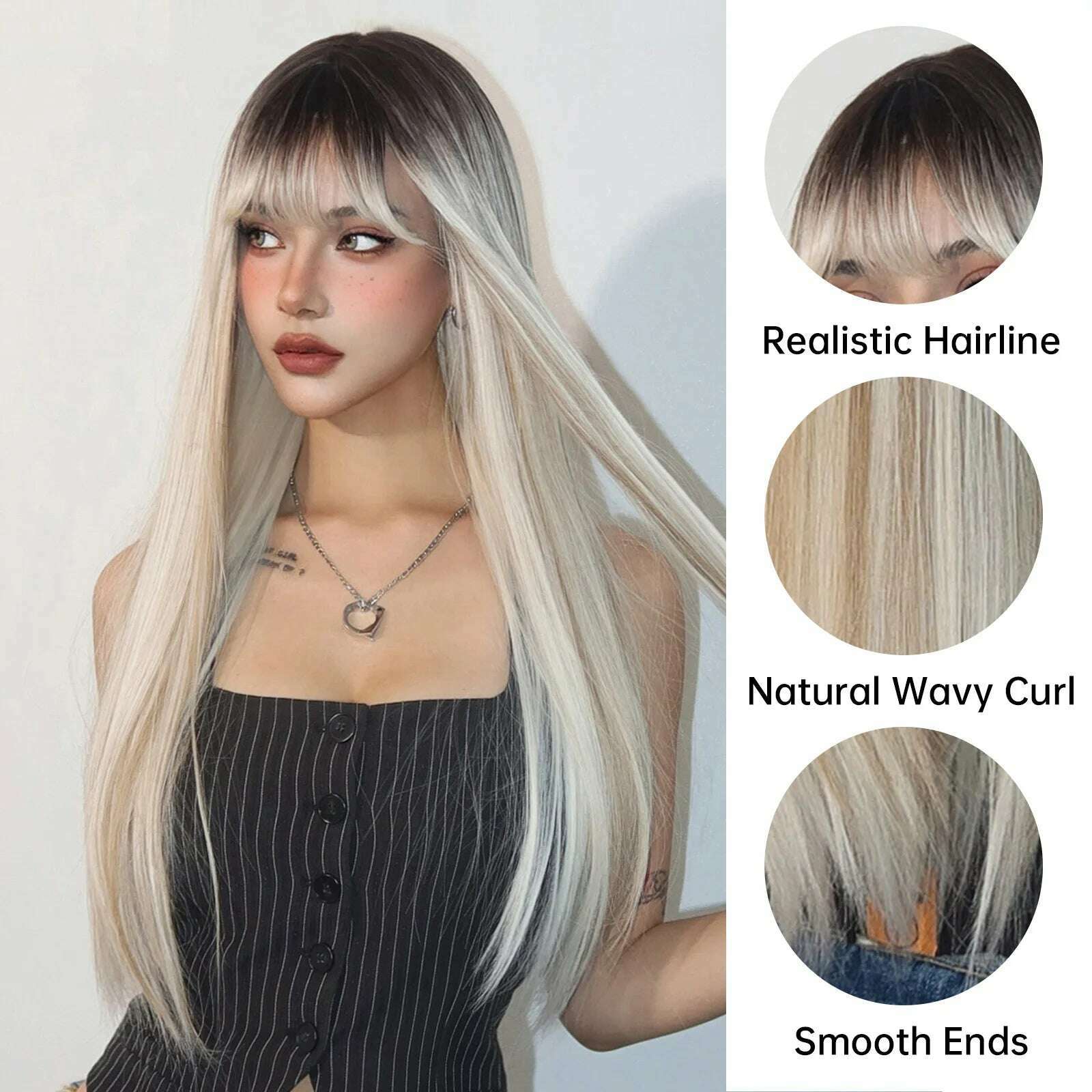 KIMLUD, HENRY MARGU Blonde Platinum Ombre Wig Long Straight Cosplay Wig with Bangs Women Christmas Synthetic Wig High Temperature Fiber, KIMLUD Womens Clothes