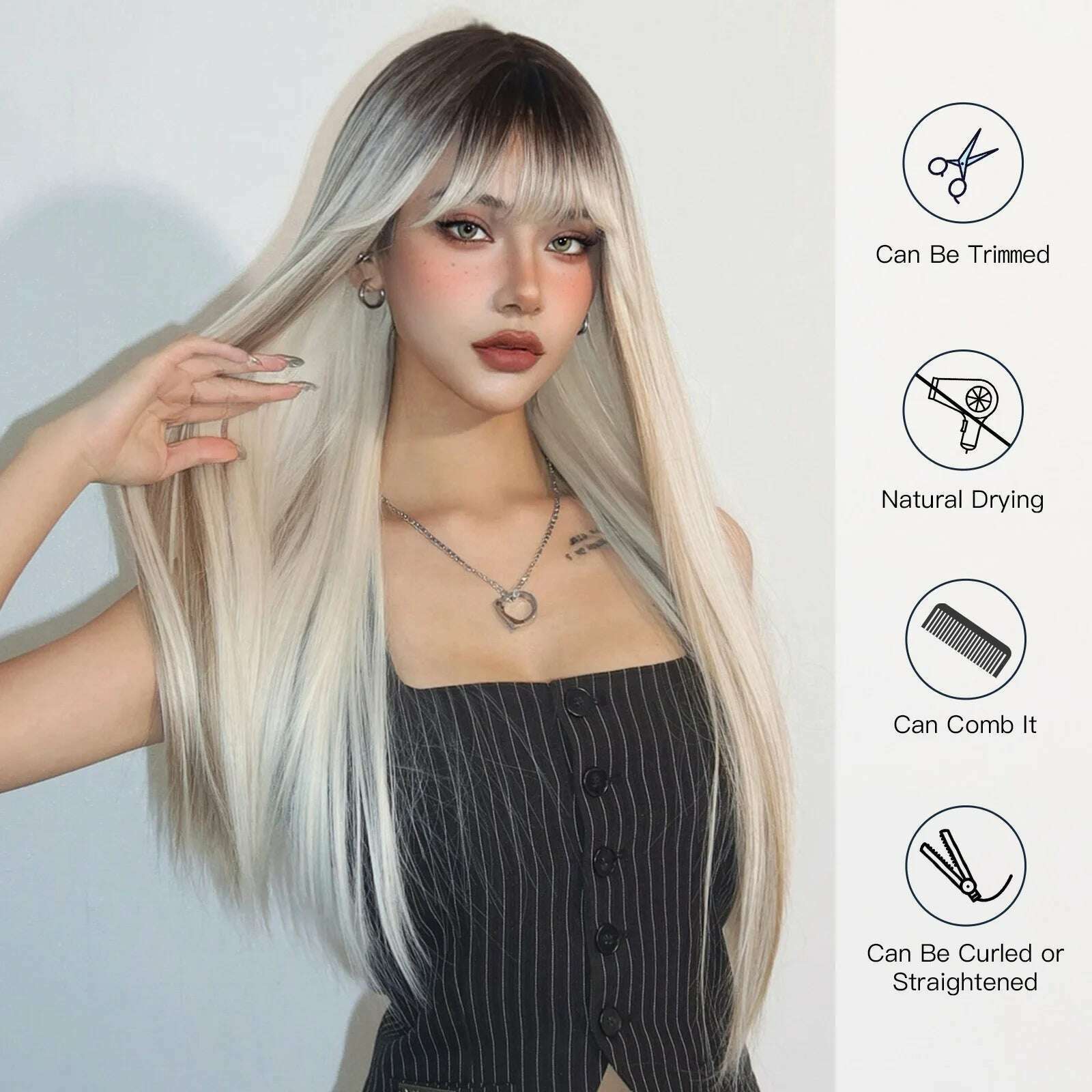 KIMLUD, HENRY MARGU Blonde Platinum Ombre Wig Long Straight Cosplay Wig with Bangs Women Christmas Synthetic Wig High Temperature Fiber, KIMLUD Womens Clothes