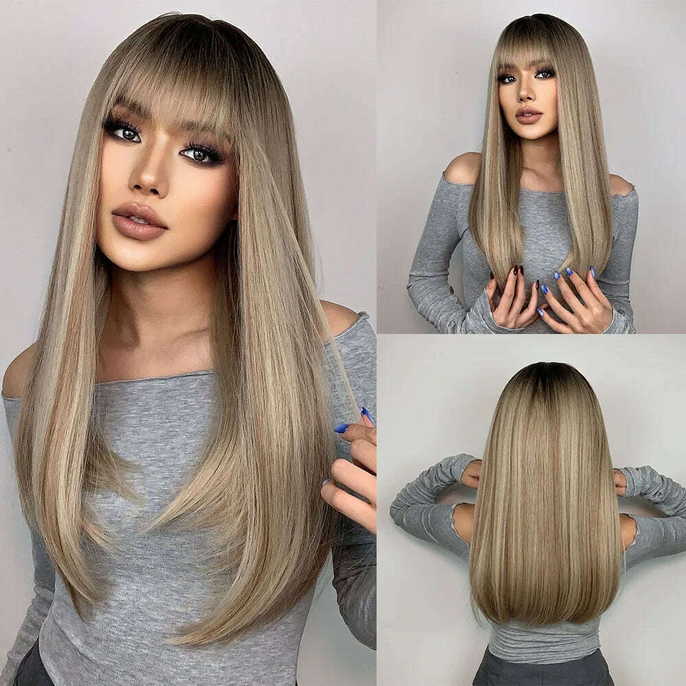 KIMLUD, HENRY MARGU Blonde Platinum Ombre Wig Long Straight Cosplay Wig with Bangs Women Christmas Synthetic Wig High Temperature Fiber, KIMLUD Womens Clothes