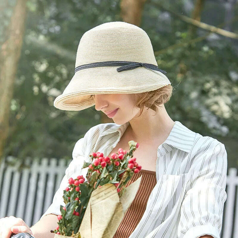 KIMLUD, Hepburn Style Straw Hat Women Age Reduction Face Small Curly Edge SunHat Female Summer Beach Hat Japan Holiday Party Cap UPF50+, KIMLUD Womens Clothes