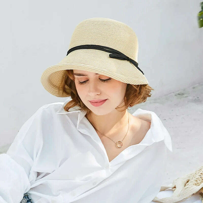 KIMLUD, Hepburn Style Straw Hat Women Age Reduction Face Small Curly Edge SunHat Female Summer Beach Hat Japan Holiday Party Cap UPF50+, KIMLUD Womens Clothes