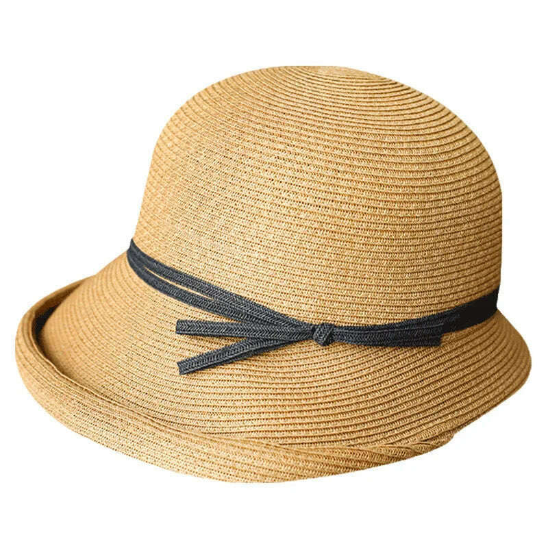 KIMLUD, Hepburn Style Straw Hat Women Age Reduction Face Small Curly Edge SunHat Female Summer Beach Hat Japan Holiday Party Cap UPF50+, KIMLUD Womens Clothes