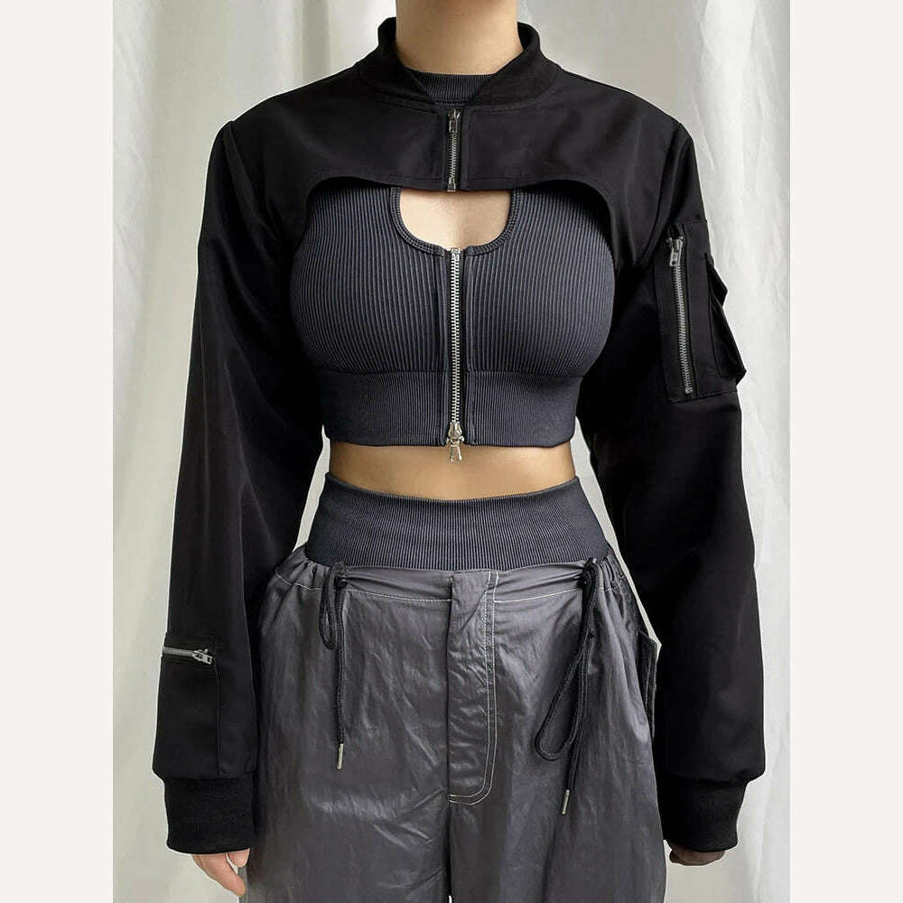 KIMLUD, HEYounGIRL Super-short Black Jacket Zipper Long Sleeve Harajuku Cropped Tshirt Gothic Techwear Fashion Korean Tee Punk Street, black / S, KIMLUD Women's Clothes