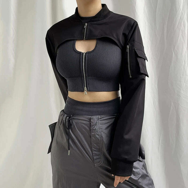 KIMLUD, HEYounGIRL Super-short Black Jacket Zipper Long Sleeve Harajuku Cropped Tshirt Gothic Techwear Fashion Korean Tee Punk Street, KIMLUD Women's Clothes